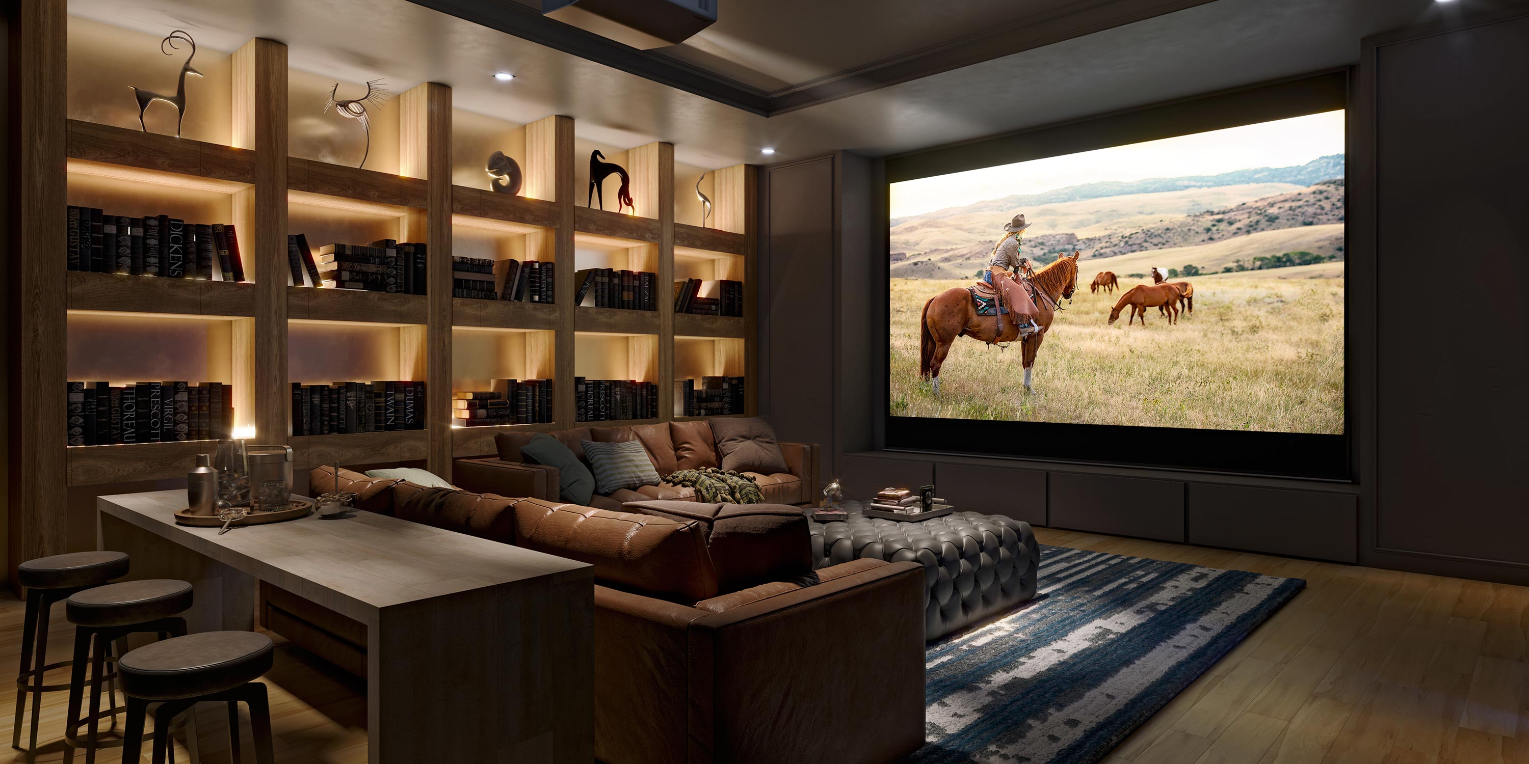 Luxurious home theater with leather seating, large screen, and backlit bookshelves.