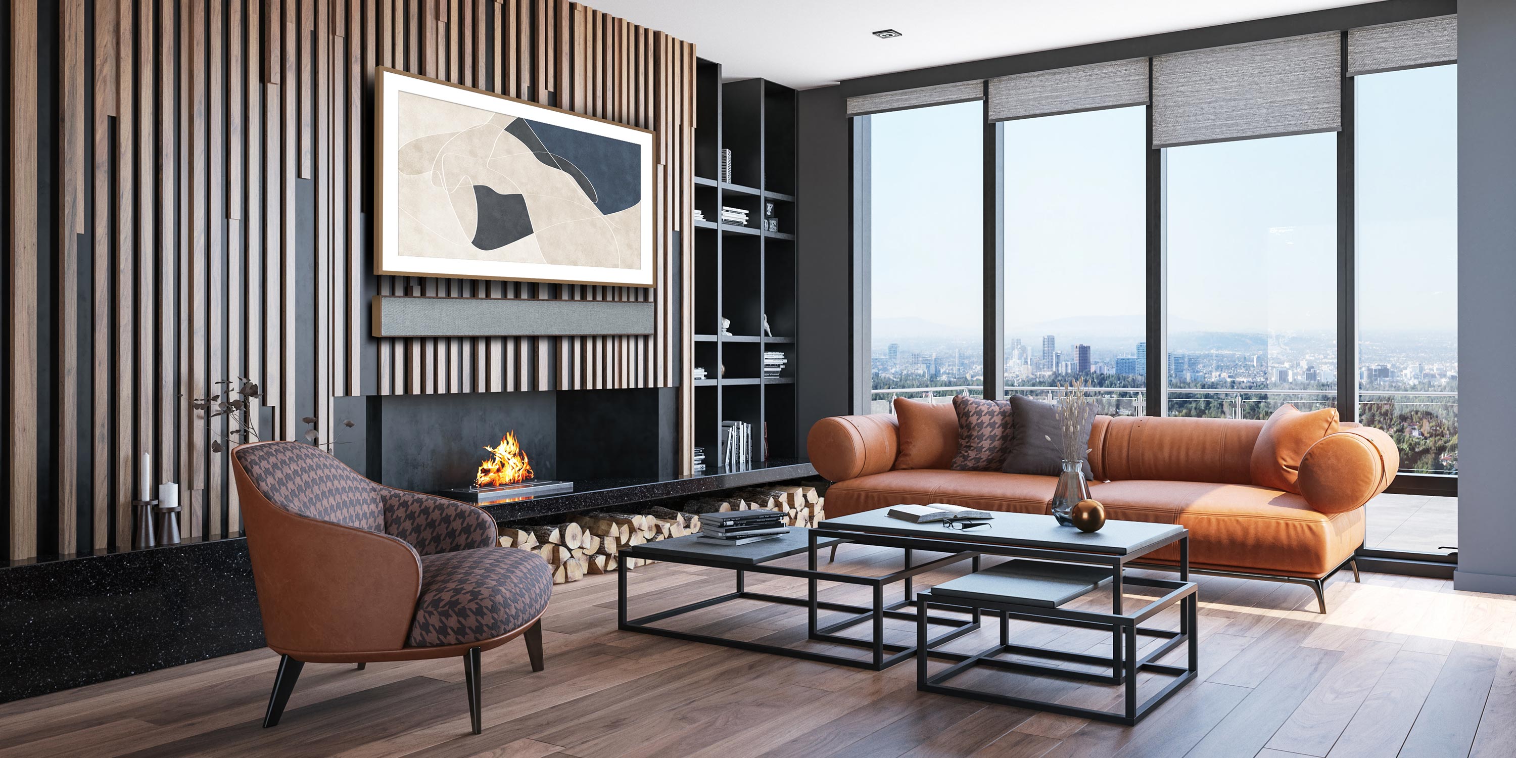 Contemporary living room with wood paneling, fireplace, and panoramic city views through large windows.