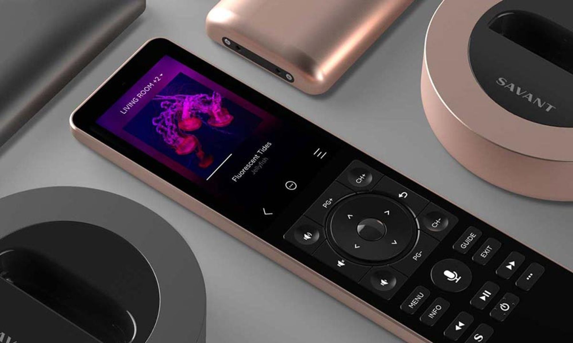 Sleek universal remote control with a screen, displaying music and home control options.