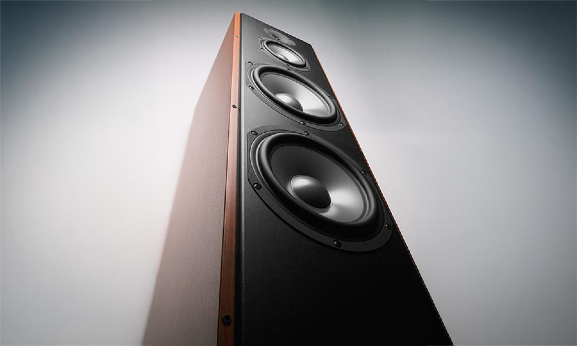 Close-up of a high-end floor-standing speaker with multiple drivers.