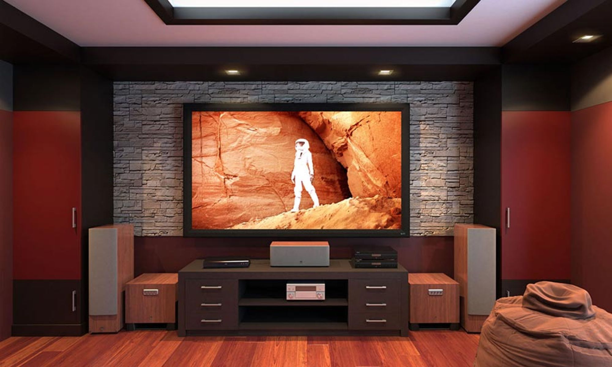 Home theater setup with a large projector screen displaying a space scene, surrounded by decor.